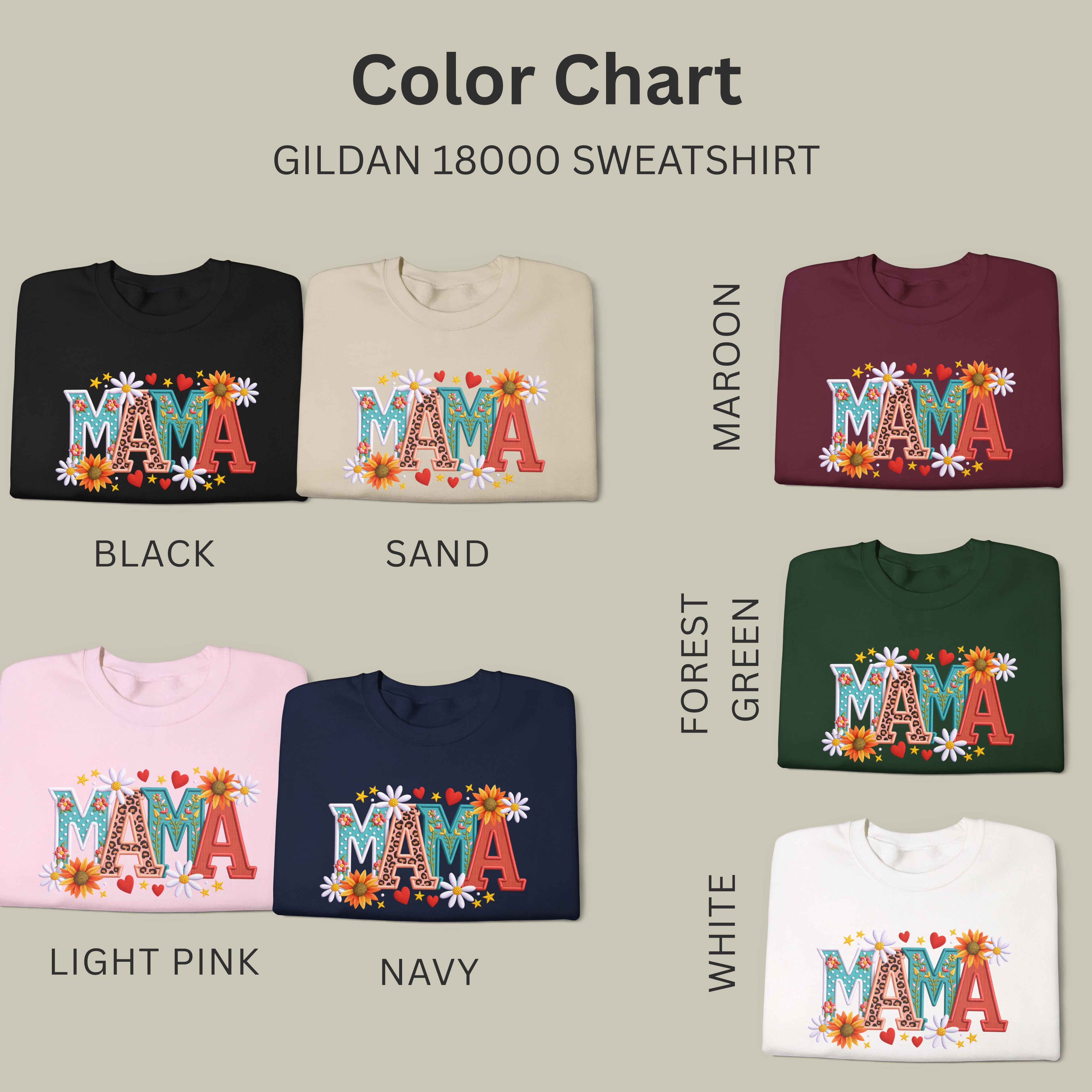 Mama sweatshirt available in multiple color options, floral patchwork design