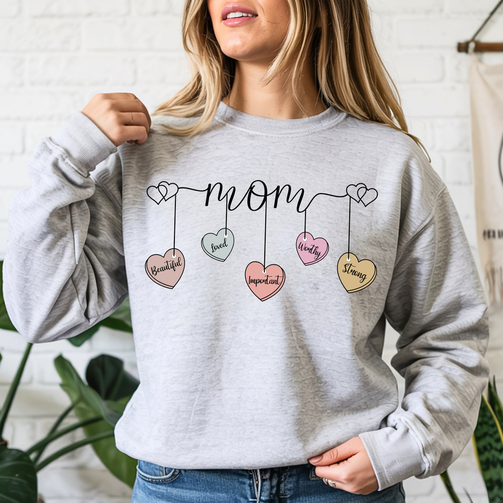 Grey mama sweatshirt with pastel heart garland design casual mom outfit