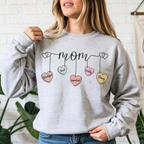 Grey mama sweatshirt with pastel heart garland design casual mom outfit