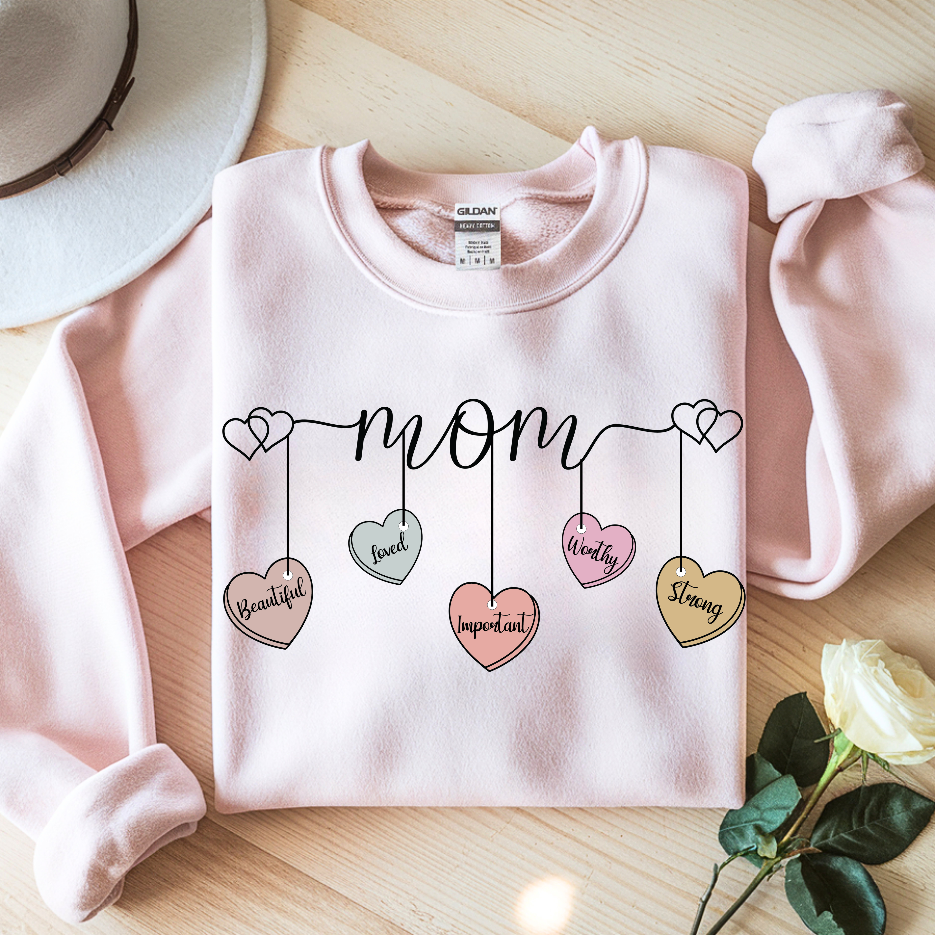 Pink mama sweatshirt flat lay cute mothers day gift heart garland design