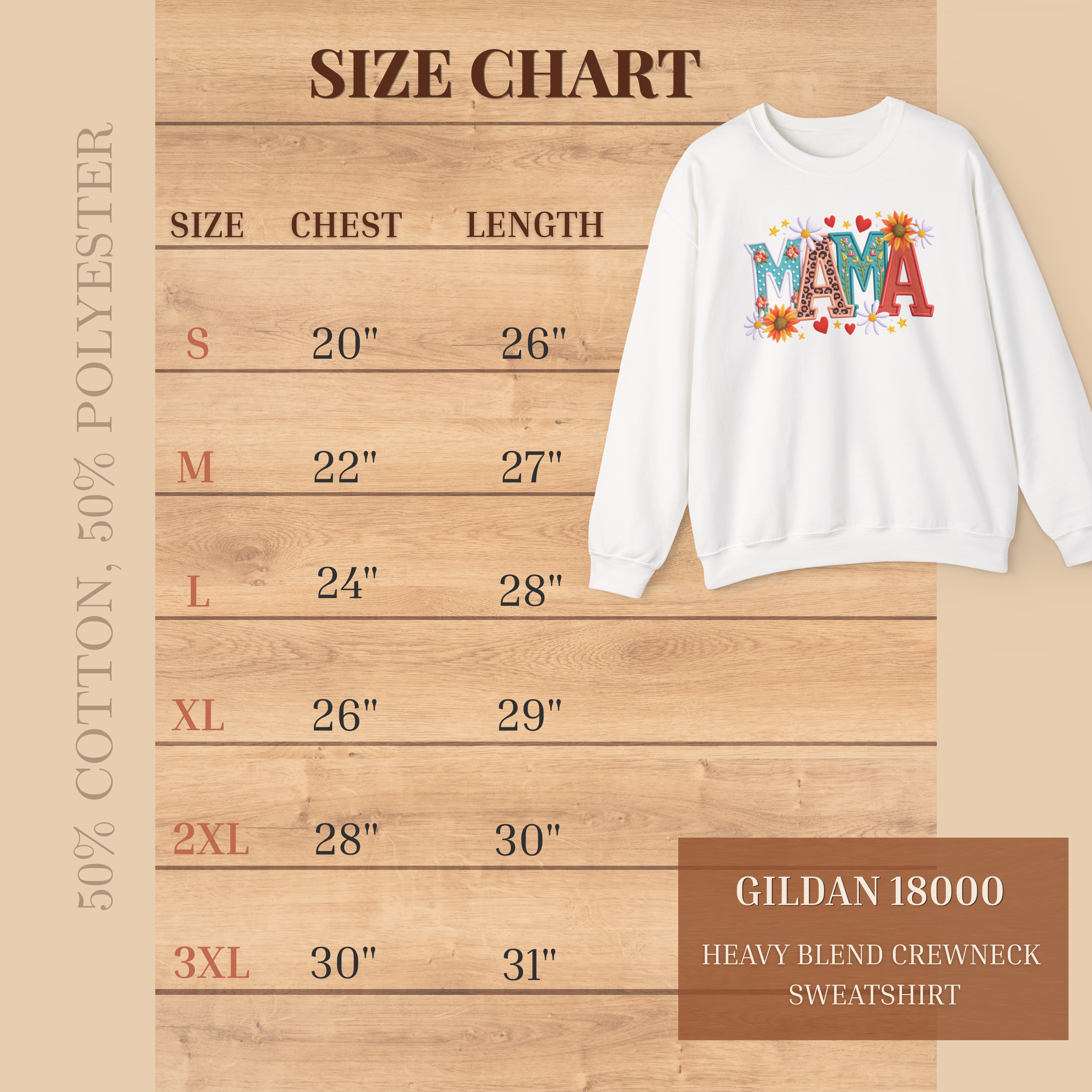 Mama sweatshirt size chart, unisex sizing guide S to 3XL
