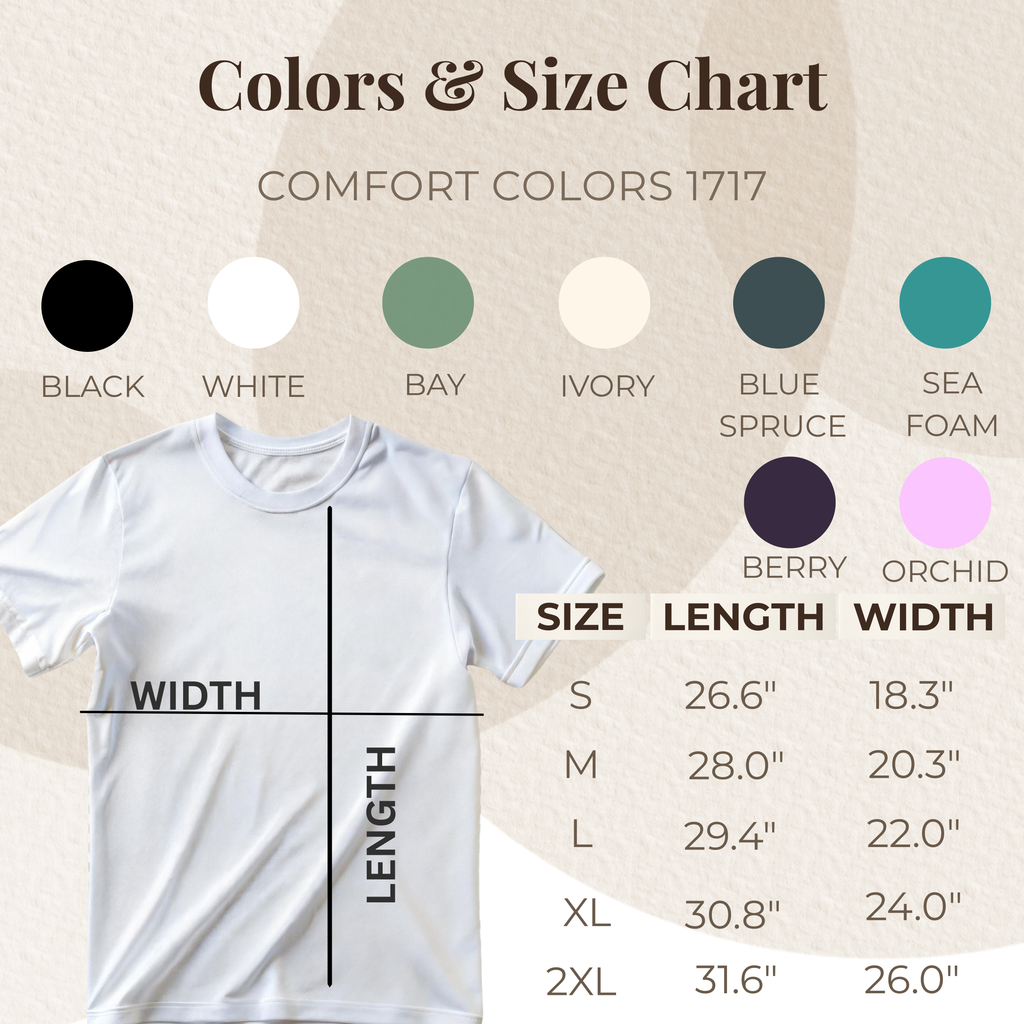 Mama t-shirt color and size chart, multiple color options and sizing guide