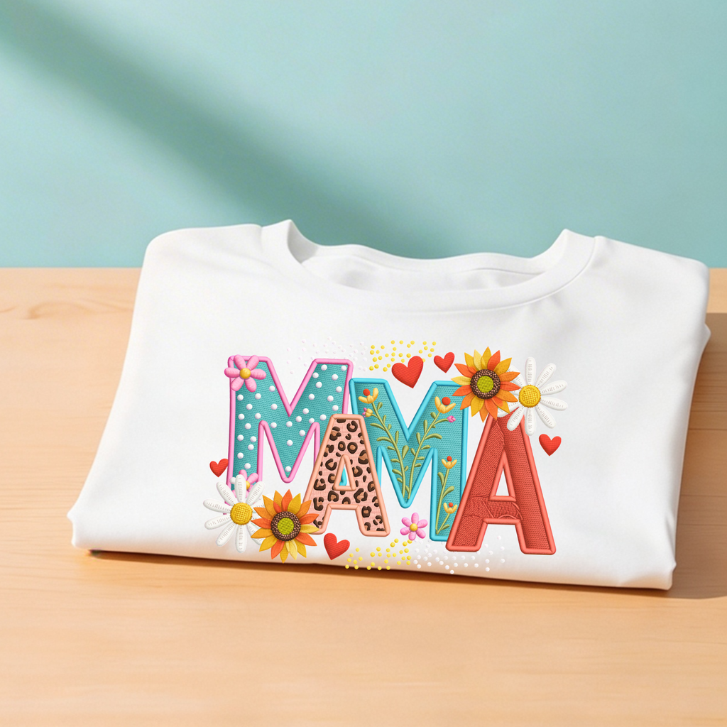 Folded mama t-shirt with floral patchwork design, soft cotton casual tee