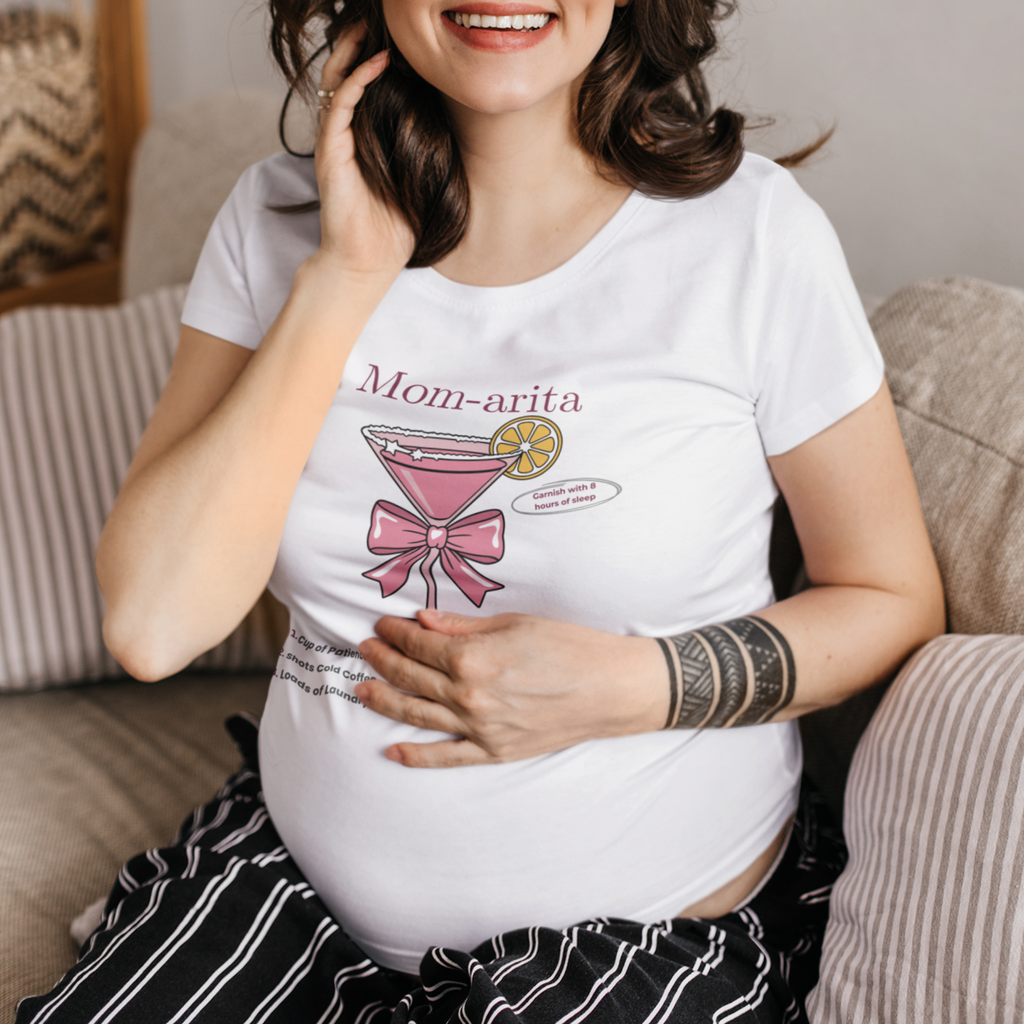 Woman wearing Mamamuse Studio Mom-arita graphic t-shirt in white, maternity lifestyle mockup