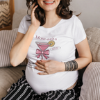 Woman wearing Mamamuse Studio Mom-arita graphic t-shirt in white, maternity lifestyle mockup