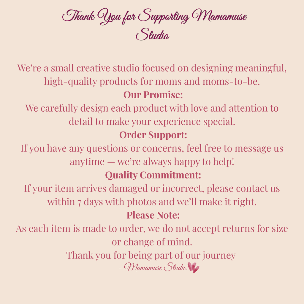 Mamamuse Studio thank you card with order support, quality promise and customer information
