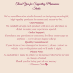 Mamamuse Studio thank you card with order support, quality promise and customer information