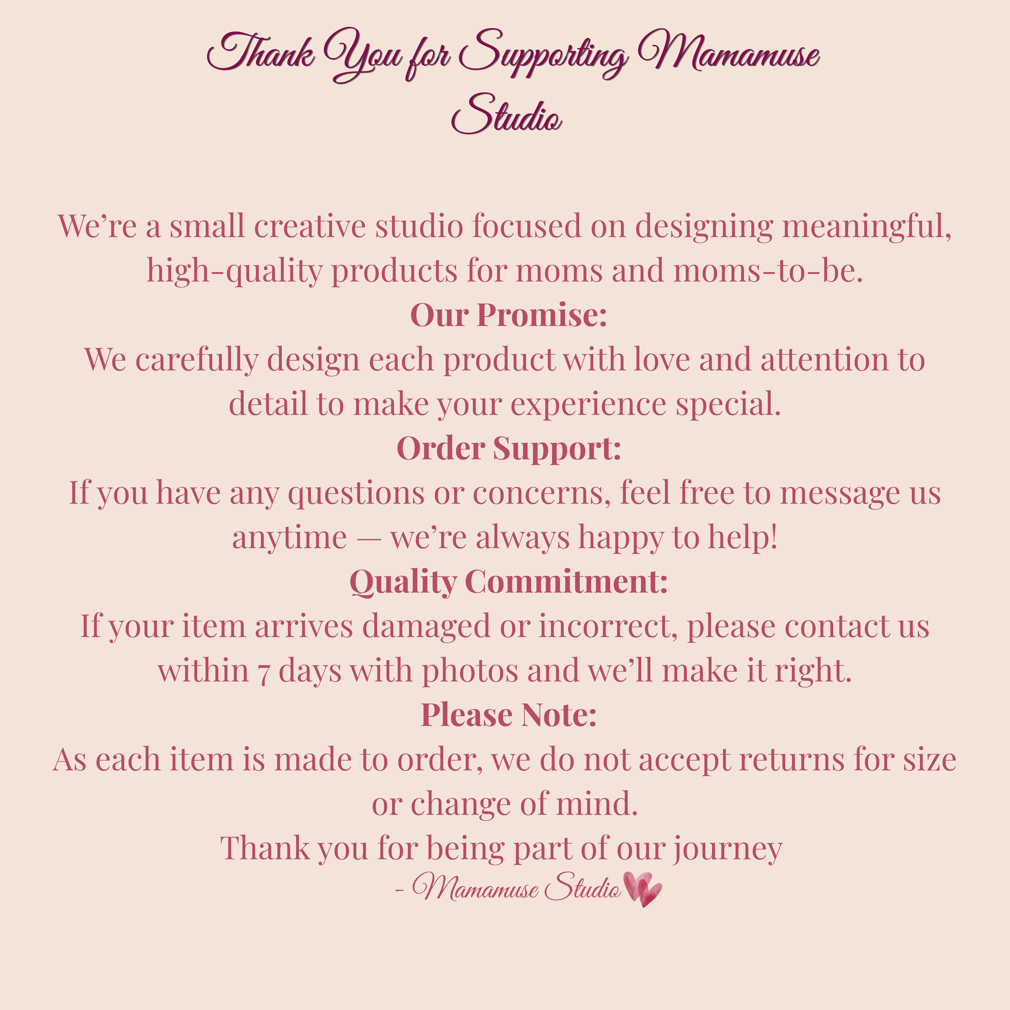 Mamamuse Studio thank you card with order support, quality promise and customer information