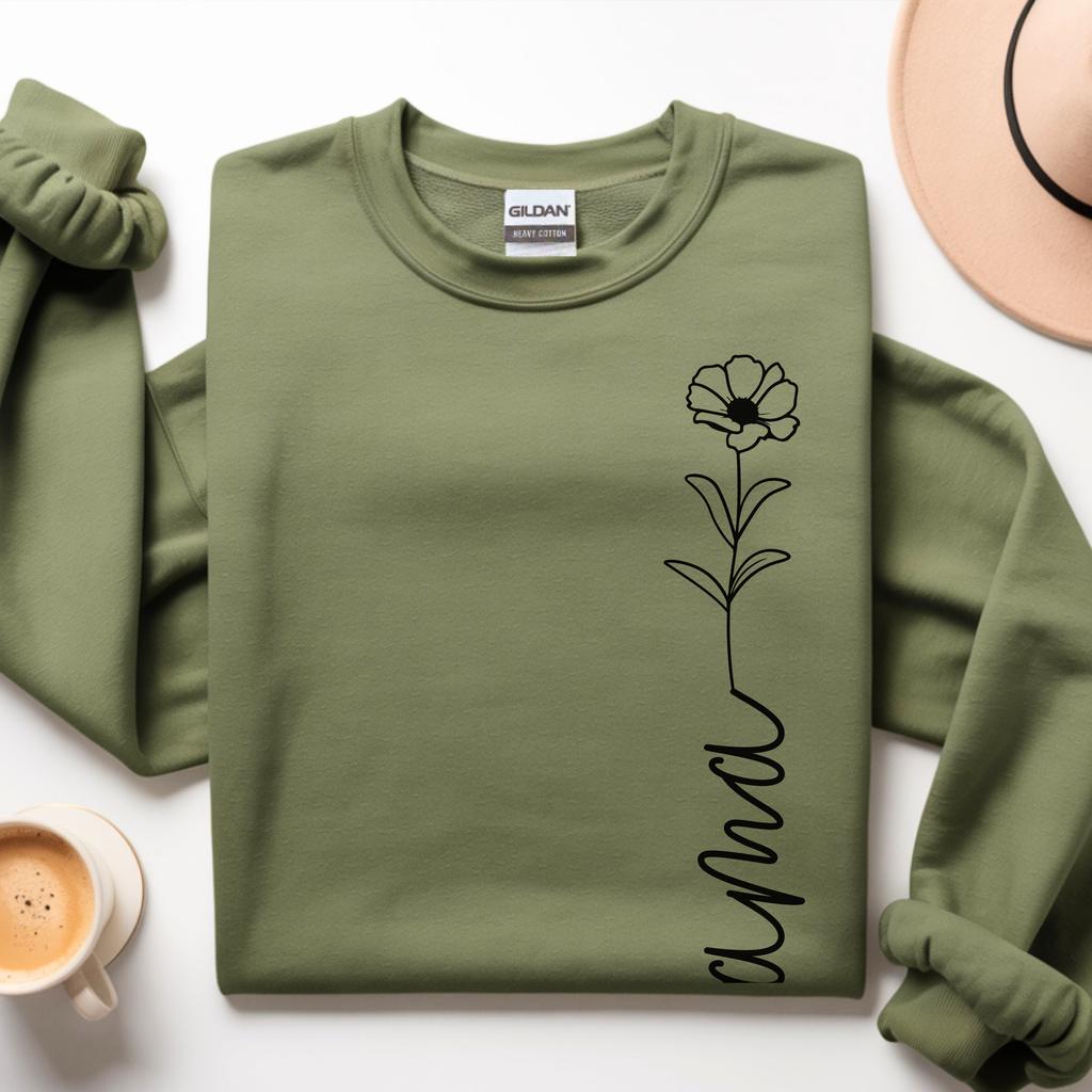 Close-up of minimal mama floral design on sweatshirt, delicate line art detail