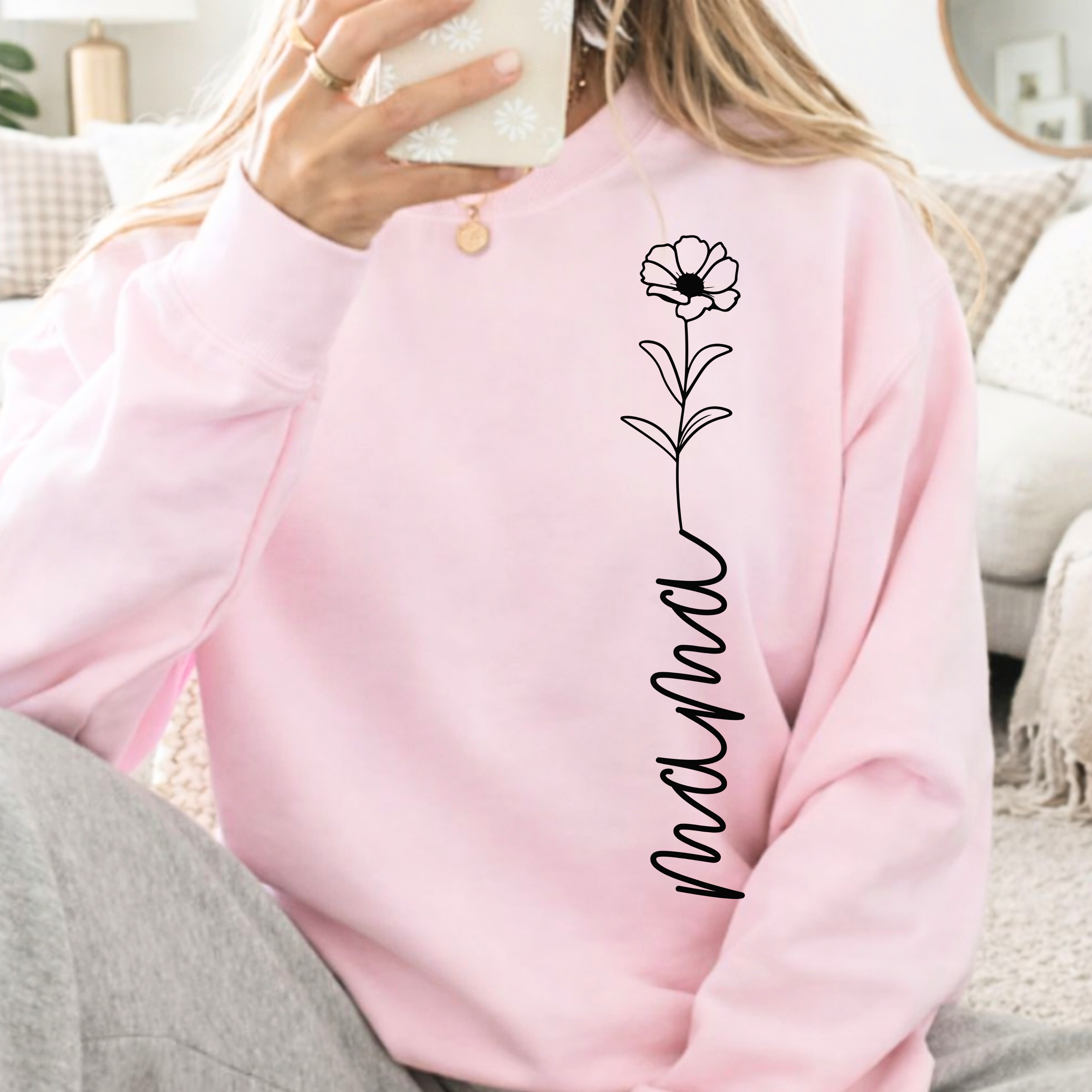 Light pink mama sweatshirt with floral design, cute Mother’s Day gift for mom