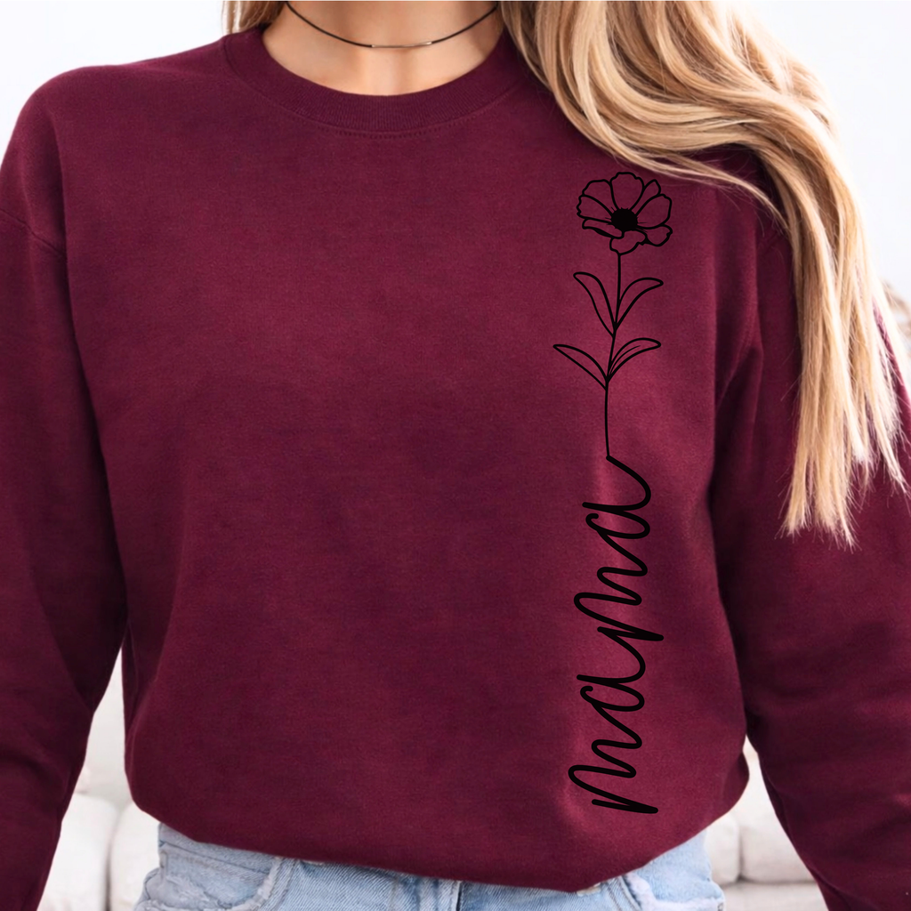 Maroon mama sweatshirt minimal floral design, stylish cozy mom clothing