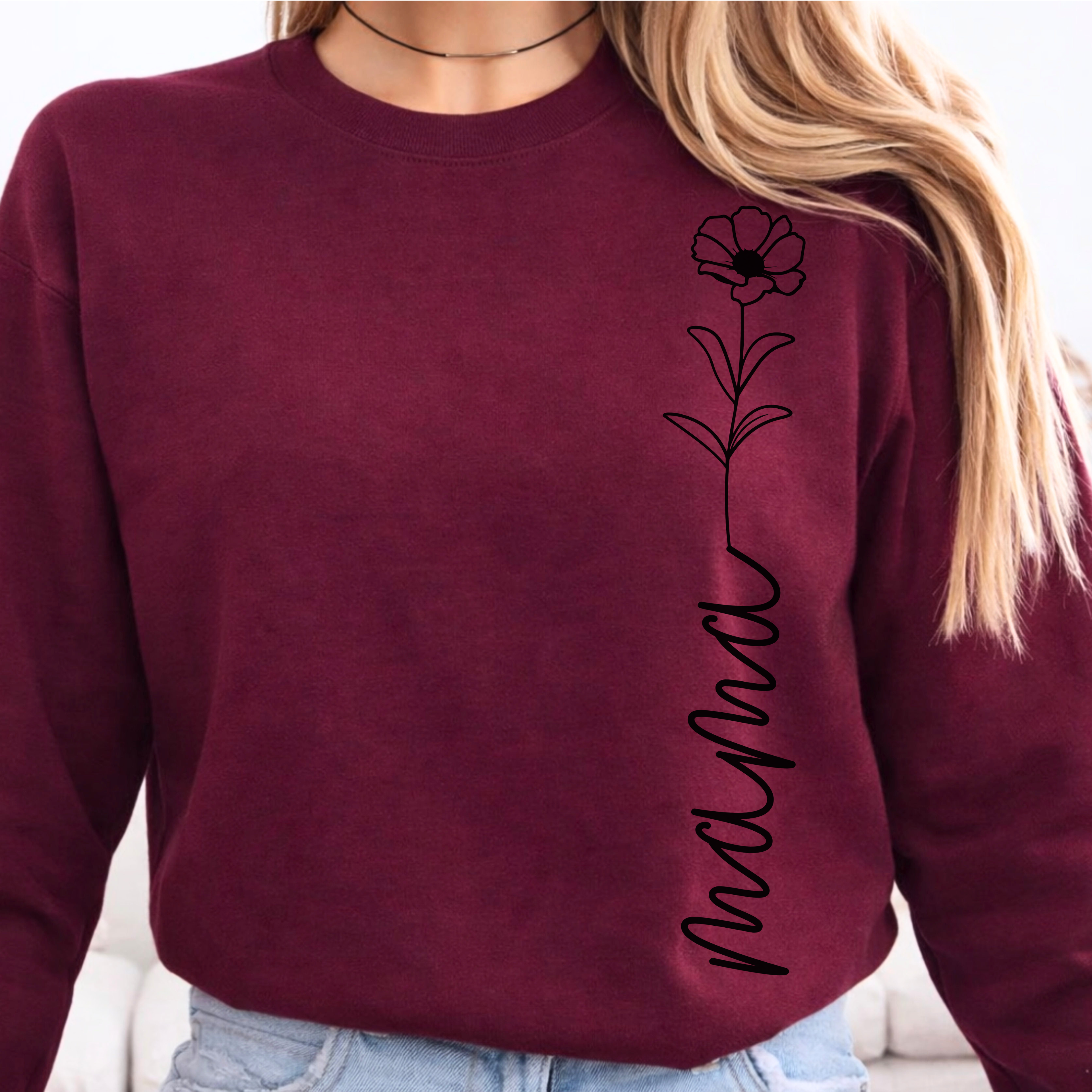 Maroon mama sweatshirt minimal floral design, stylish cozy mom clothing