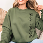 Minimal mama sweatshirt in military green with floral design worn by woman, aesthetic mom outfit