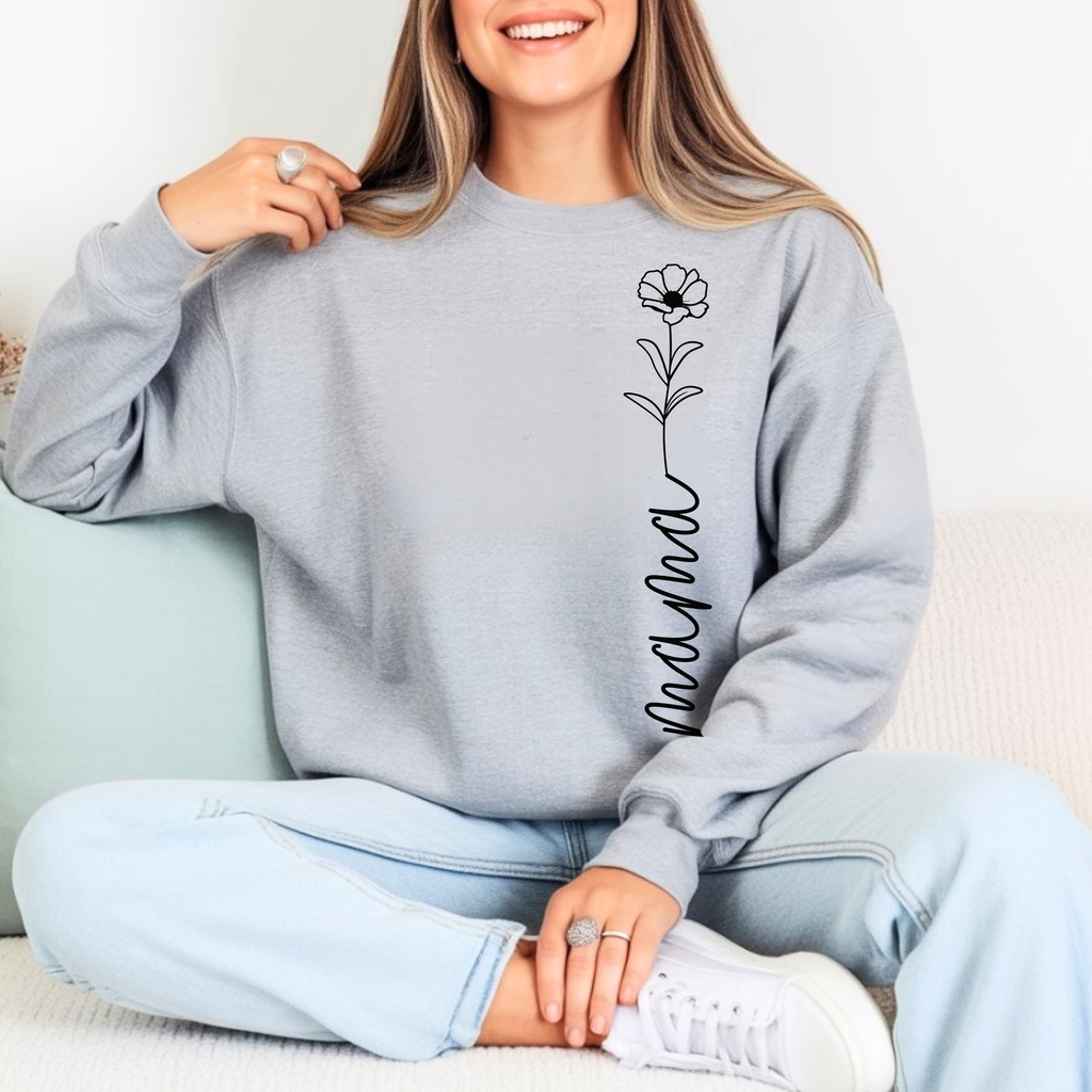 Minimal mama sweatshirt in sport grey color with flower design, everyday mom outfit