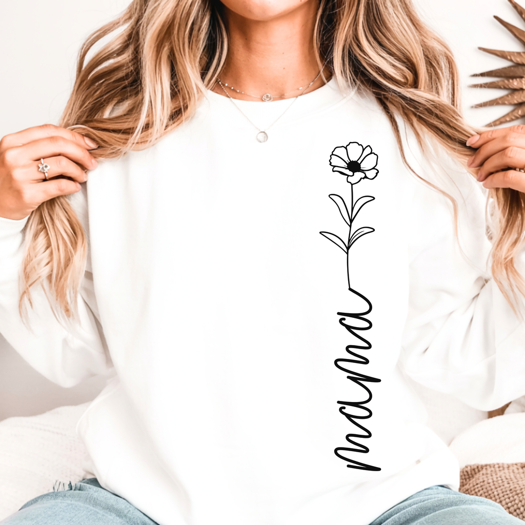 White minimal mama sweatshirt with flower print, simple aesthetic mom outfit