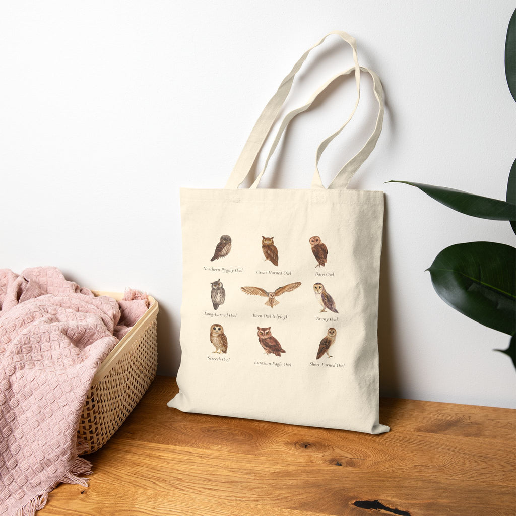 Minimal aesthetic owl tote bag placed in a cozy setting, perfect for cottagecore and nature-inspired lifestyle