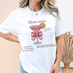 Mom-arita maternity shirt with pink bow design for pregnancy announcement and baby shower.