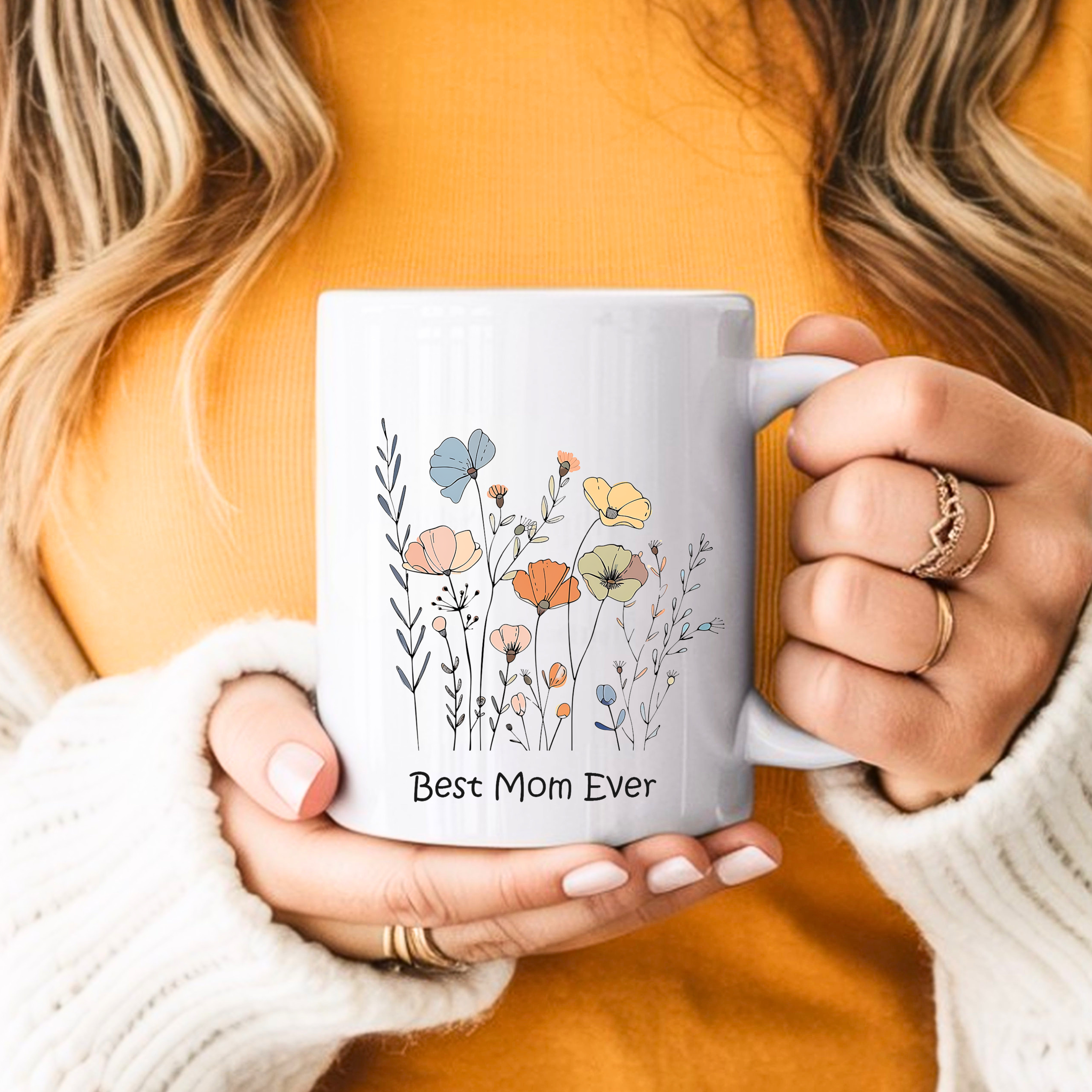 Woman holding Best Mom Ever mug cozy lifestyle Mother’s Day gift