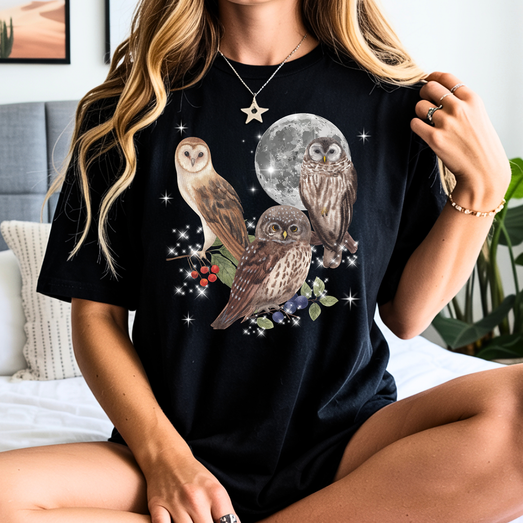 Black owl graphic t-shirt featuring three owls under a moonlit sky, perfect for owl lovers, bird enthusiasts, and nature lovers.