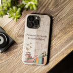 Motherhood themed phone case with books illustration placed on wooden table, perfect gift for reading moms