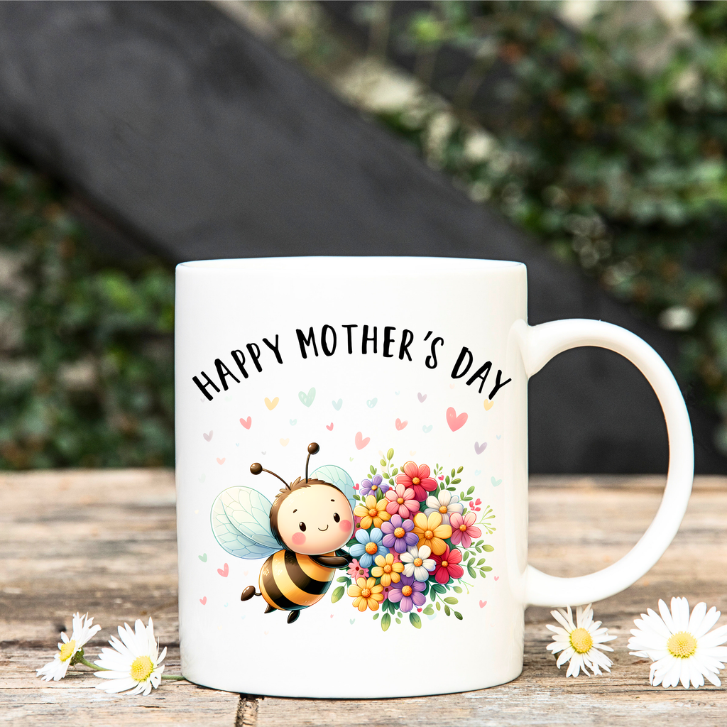 Mother’s Day bee floral coffee mug on table cute gift for mom