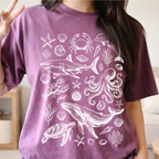 Berry colored Ocean Life graphic tee featuring coastal marine life illustrations and vintage beach aesthetic.