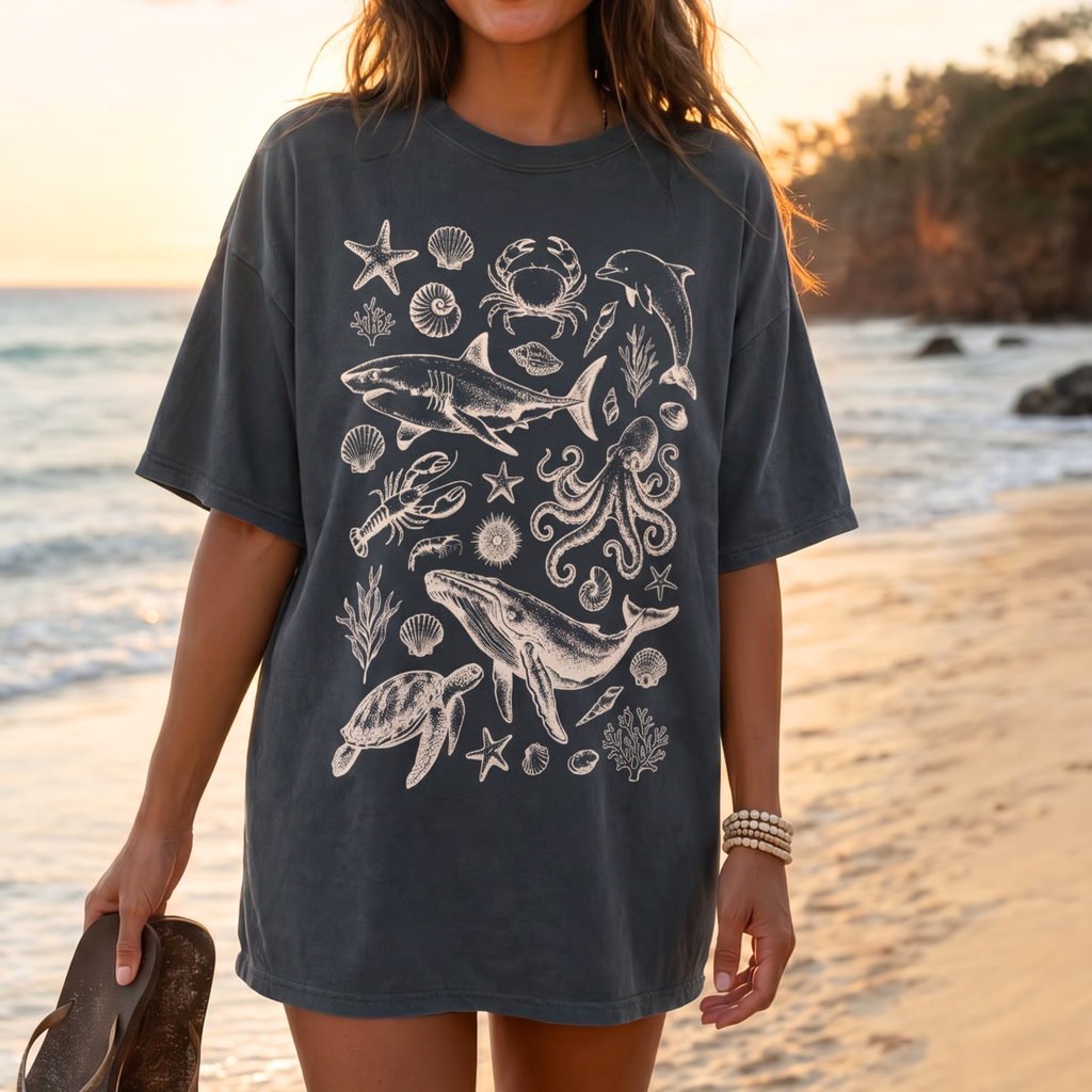 Woman wearing Ocean Life graphic tee featuring whale, dolphin, sea turtle and marine wildlife artwork while walking on a beach at sunset.