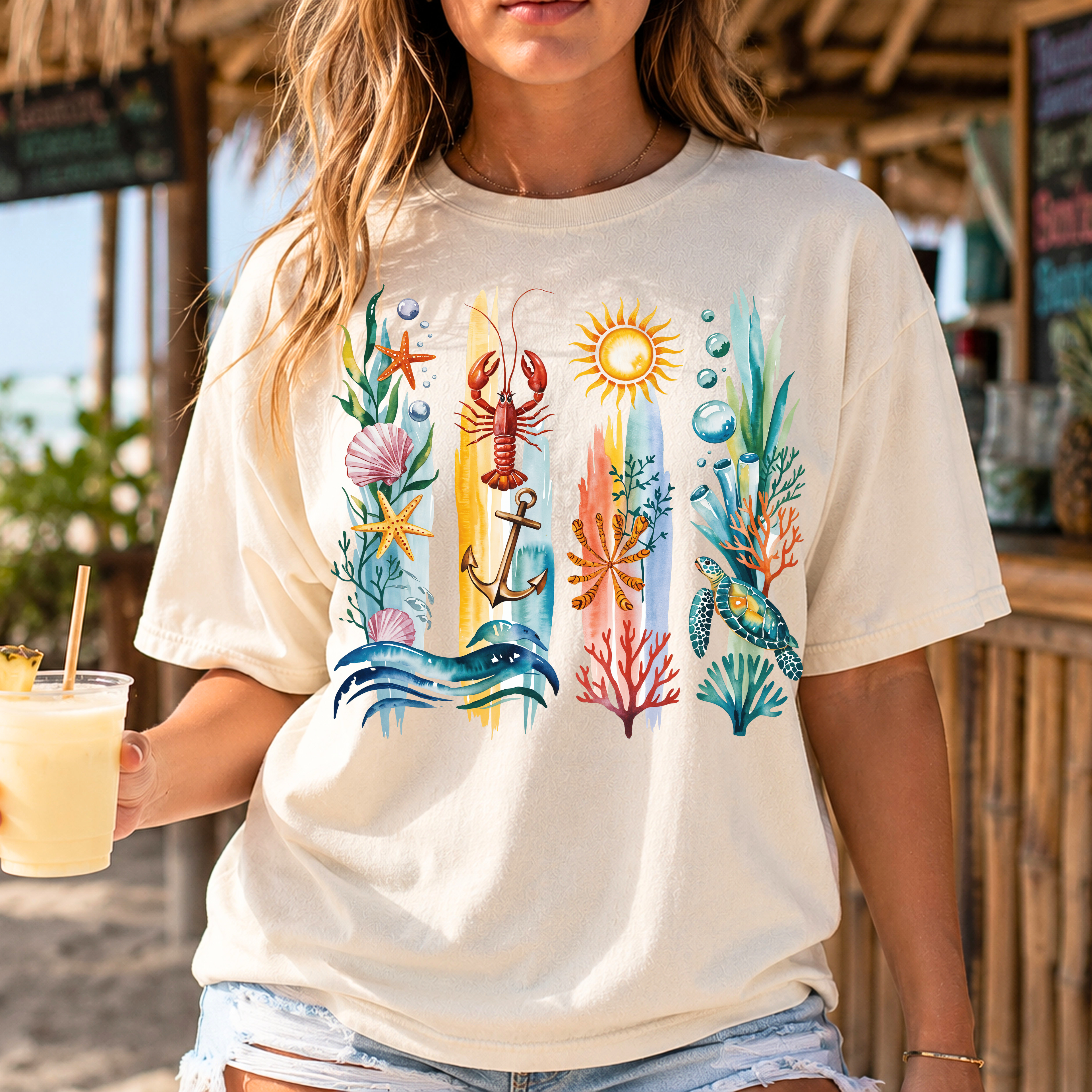 Ocean Life coastal themed t-shirt in Ivory color