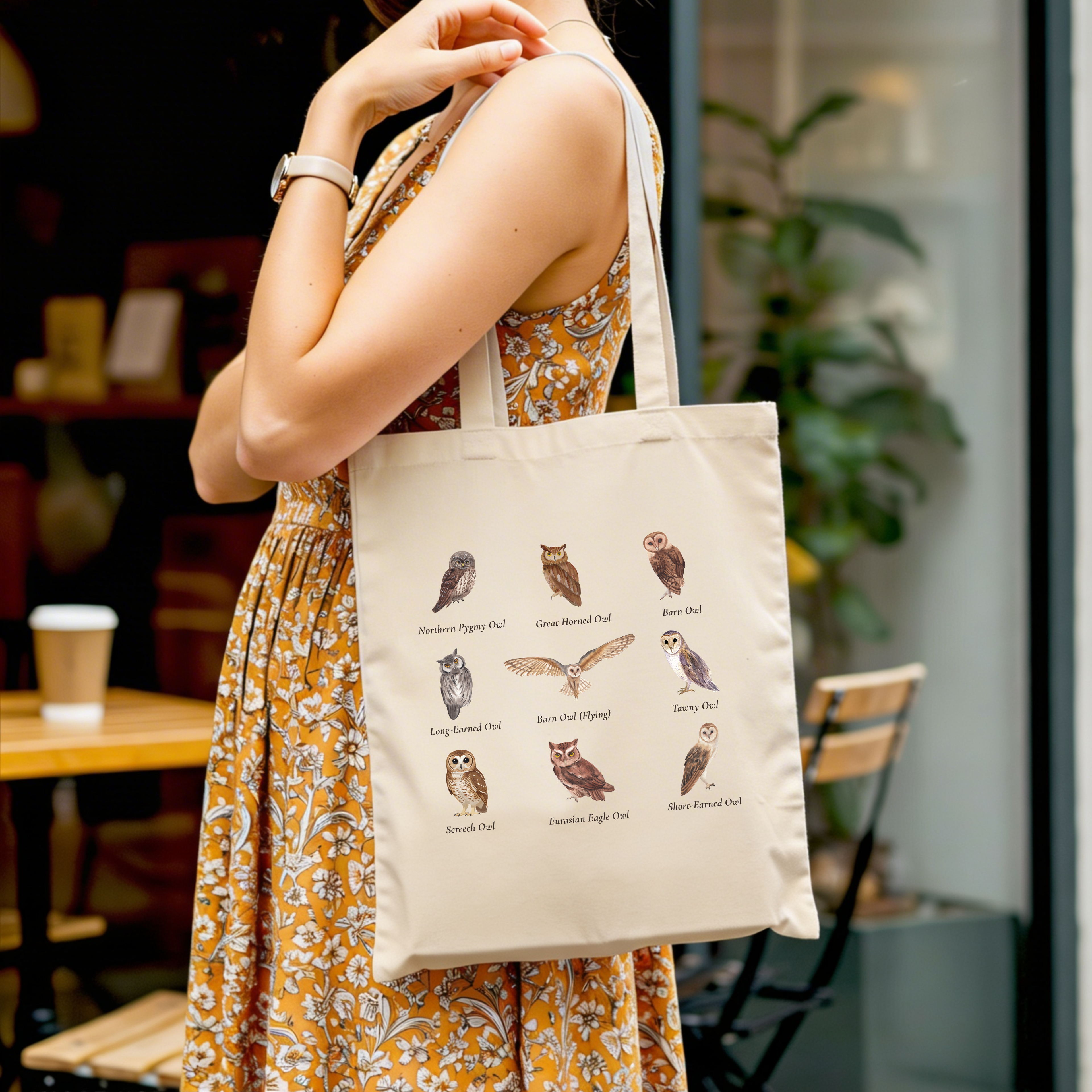 Woman carrying aesthetic owl tote bag with cotton canvas, perfect for daily use, shopping, and casual outfits