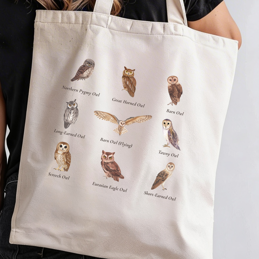 Aesthetic owl tote bag made from cotton canvas featuring multiple owl illustrations, perfect for bird lovers and everyday use