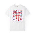 Patriotic Mama t-shirt featuring red white and blue floral bow design on white Comfort Colors 1717 tee
