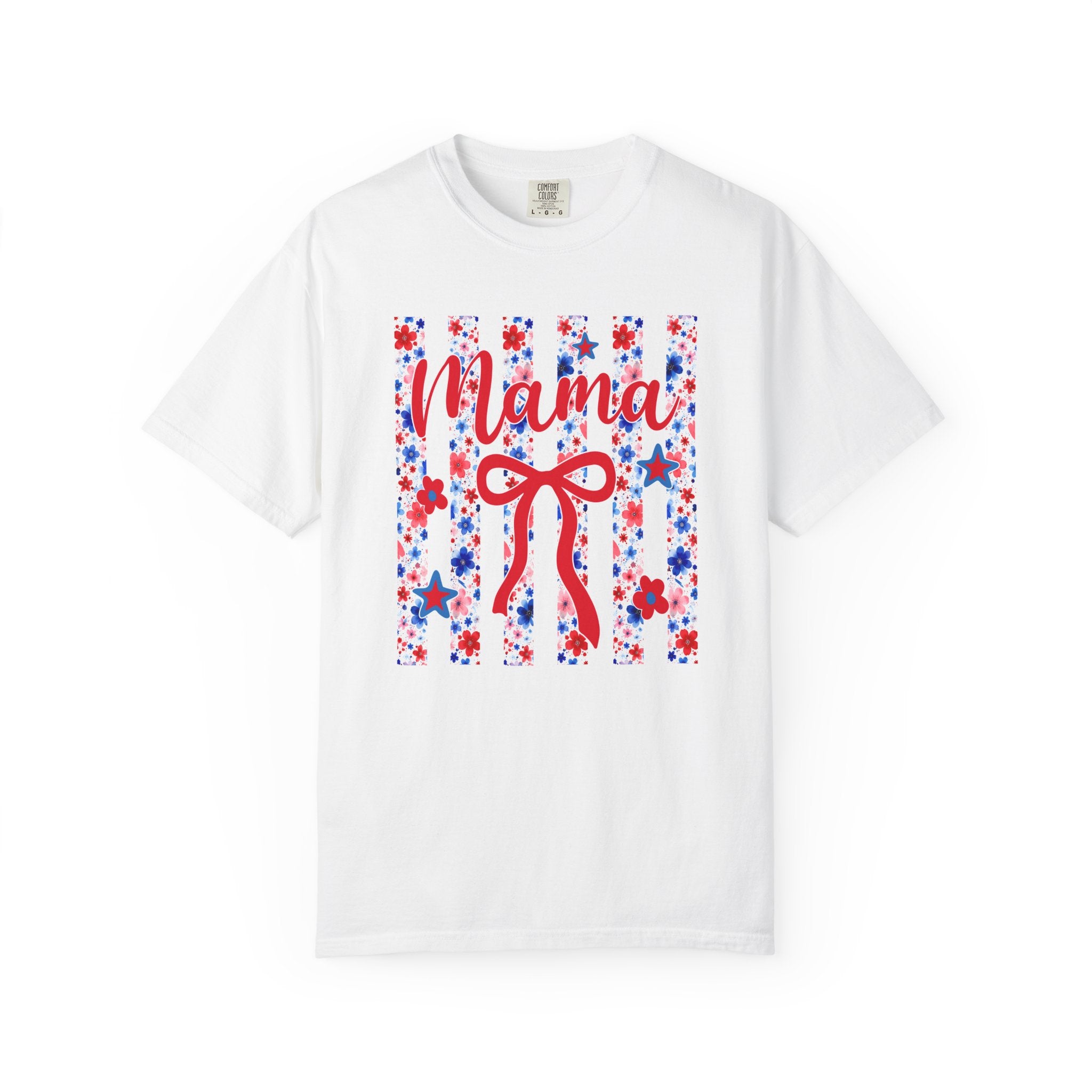 Patriotic Mama t-shirt featuring red white and blue floral bow design on white Comfort Colors 1717 tee