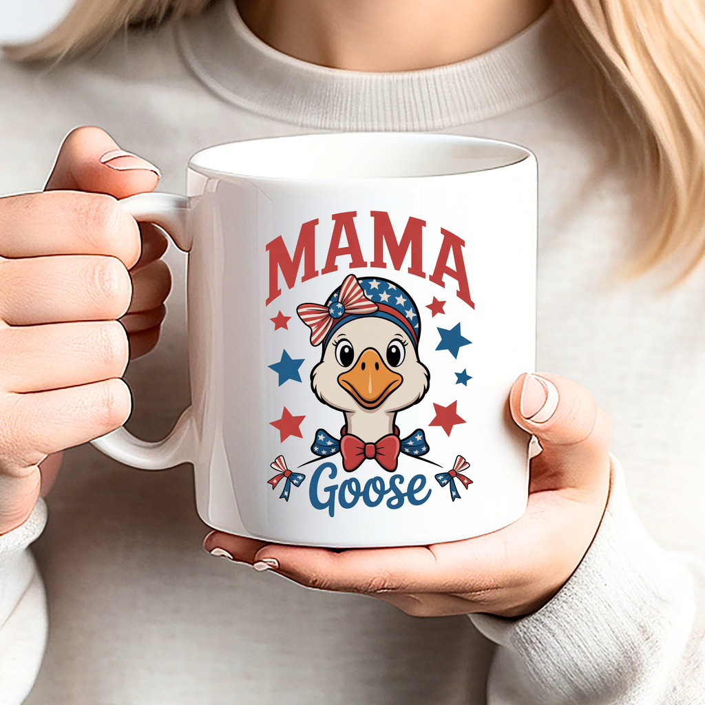Patriotic Mama Goose mug with red white and blue design, 4th of July coffee mug gift for moms