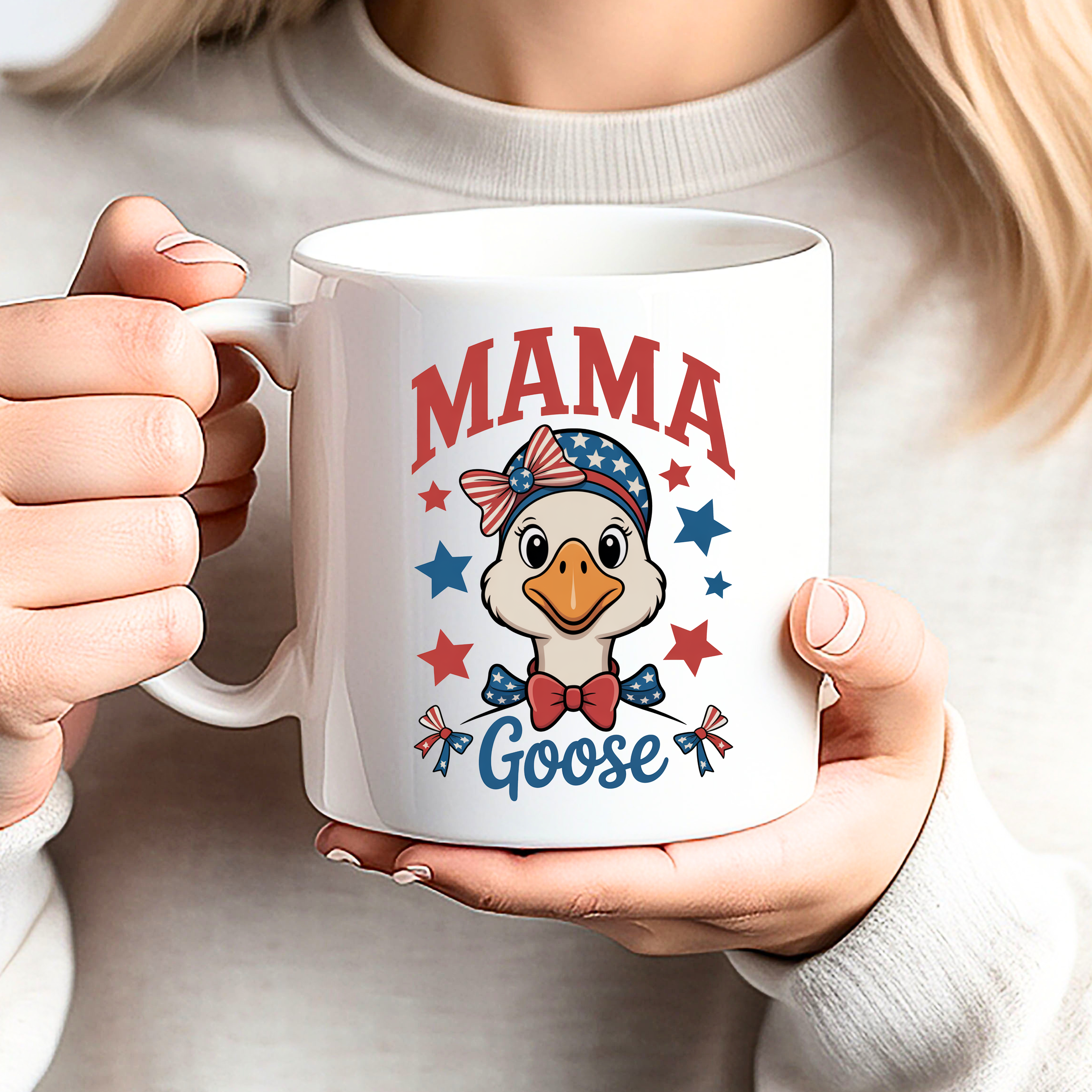 Patriotic Mama Goose mug with red white and blue design, 4th of July coffee mug gift for moms