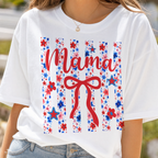 Close-up of Patriotic Mama graphic featuring red white blue flowers and coquette bow