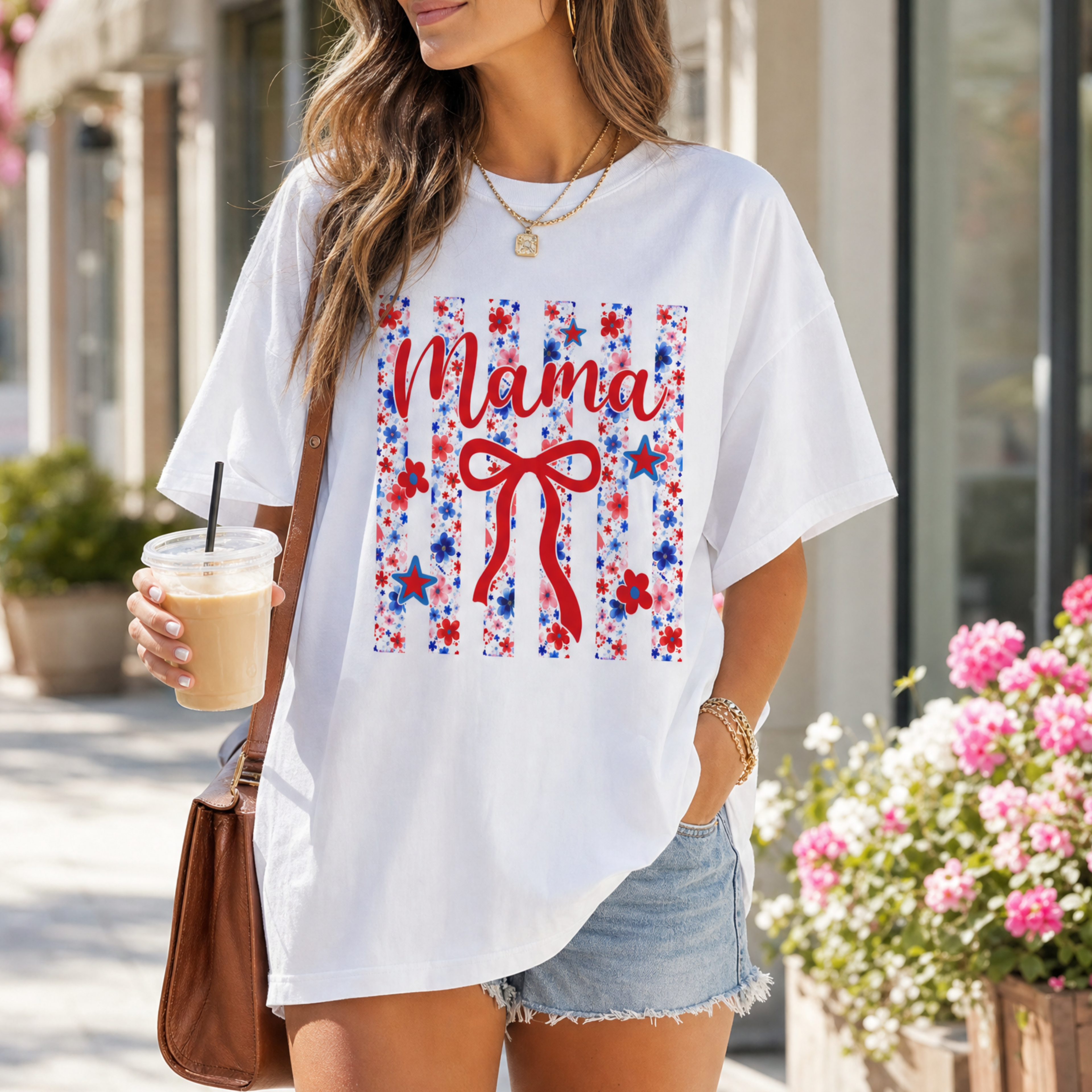 Woman wearing white Patriotic Mama t-shirt with red white blue floral bow graphic