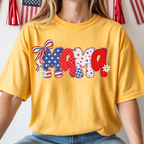 Patriotic Mama t-shirt in butter yellow featuring festive Fourth of July graphic design