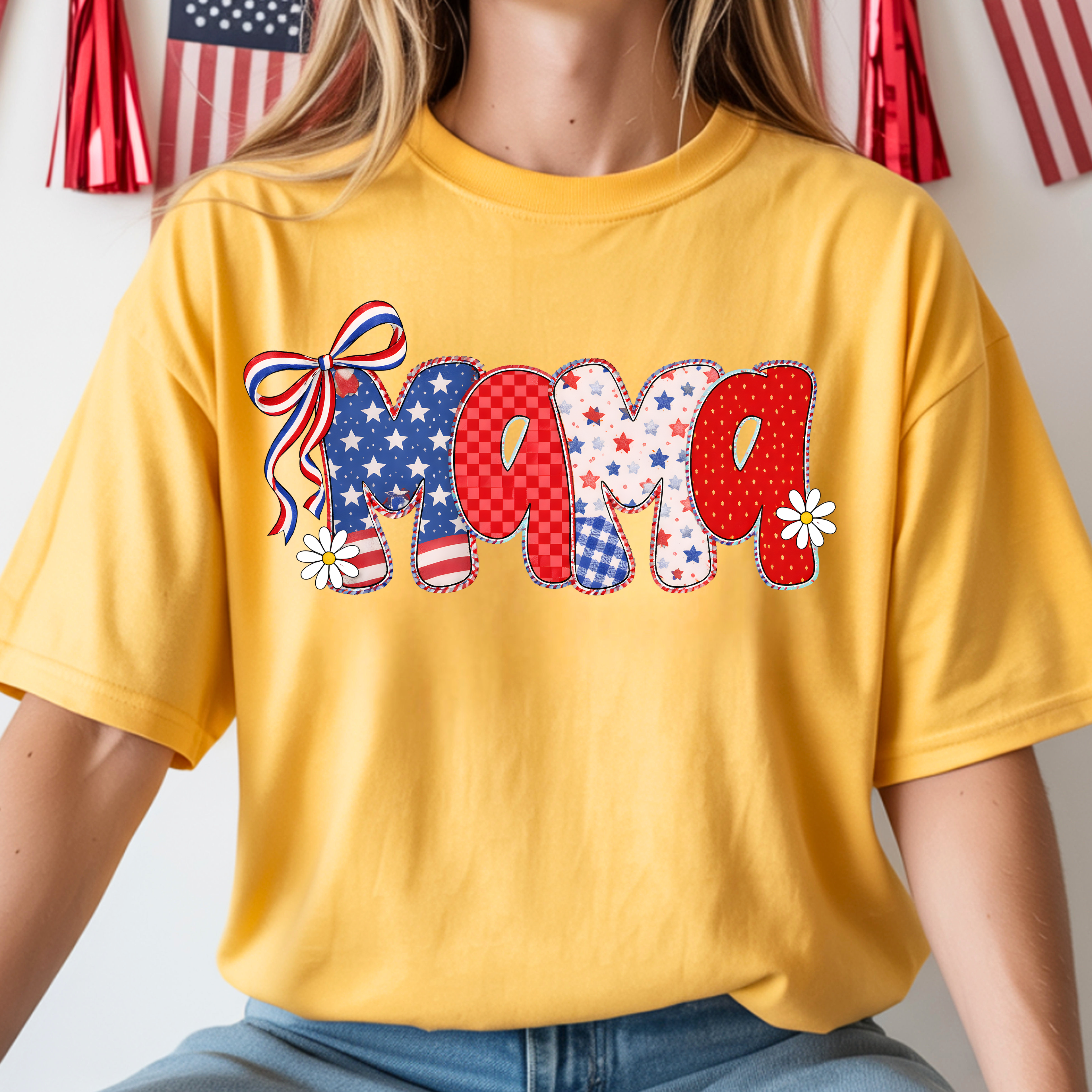 Patriotic Mama t-shirt in butter yellow featuring festive Fourth of July graphic design