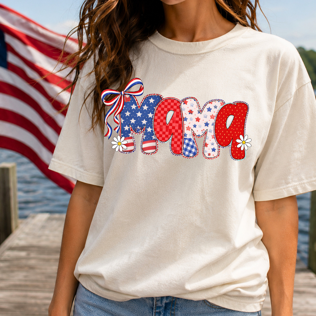 Ivory Patriotic Mama shirt with American inspired graphic perfect for summer and Independence Day celebrations