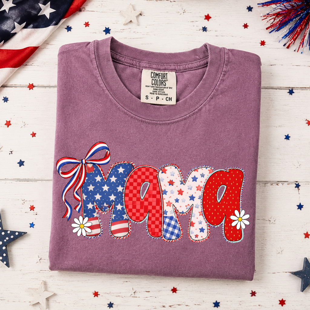 Patriotic Mama graphic t-shirt in orchid color with red white and blue Independence Day design
