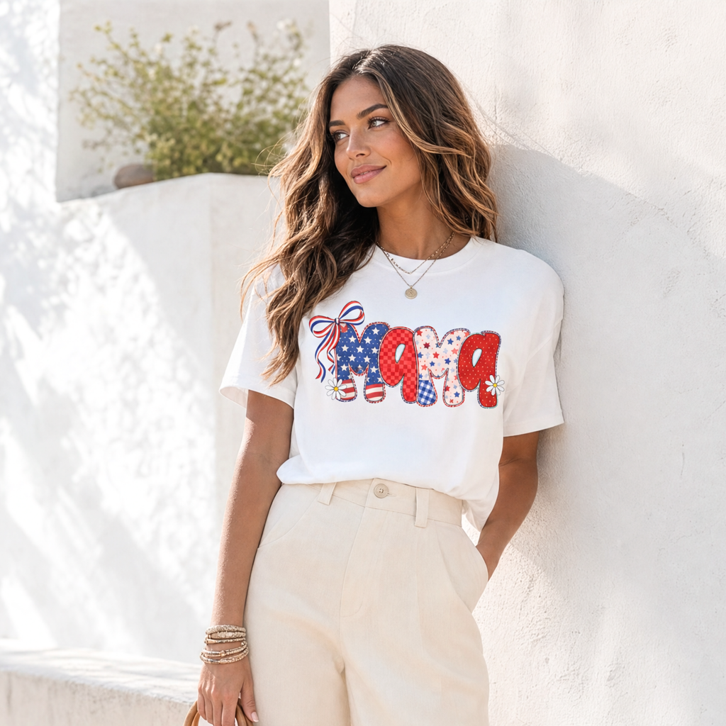 Patriotic Mama t-shirt in white featuring red white and blue USA inspired graphic design for Fourth of July celebrations