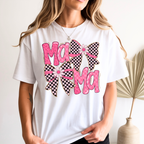 Woman wearing a pink bow mama shirt featuring trendy coquette checkered bows and pink lettering, perfect for moms and Mother's Day gifts.