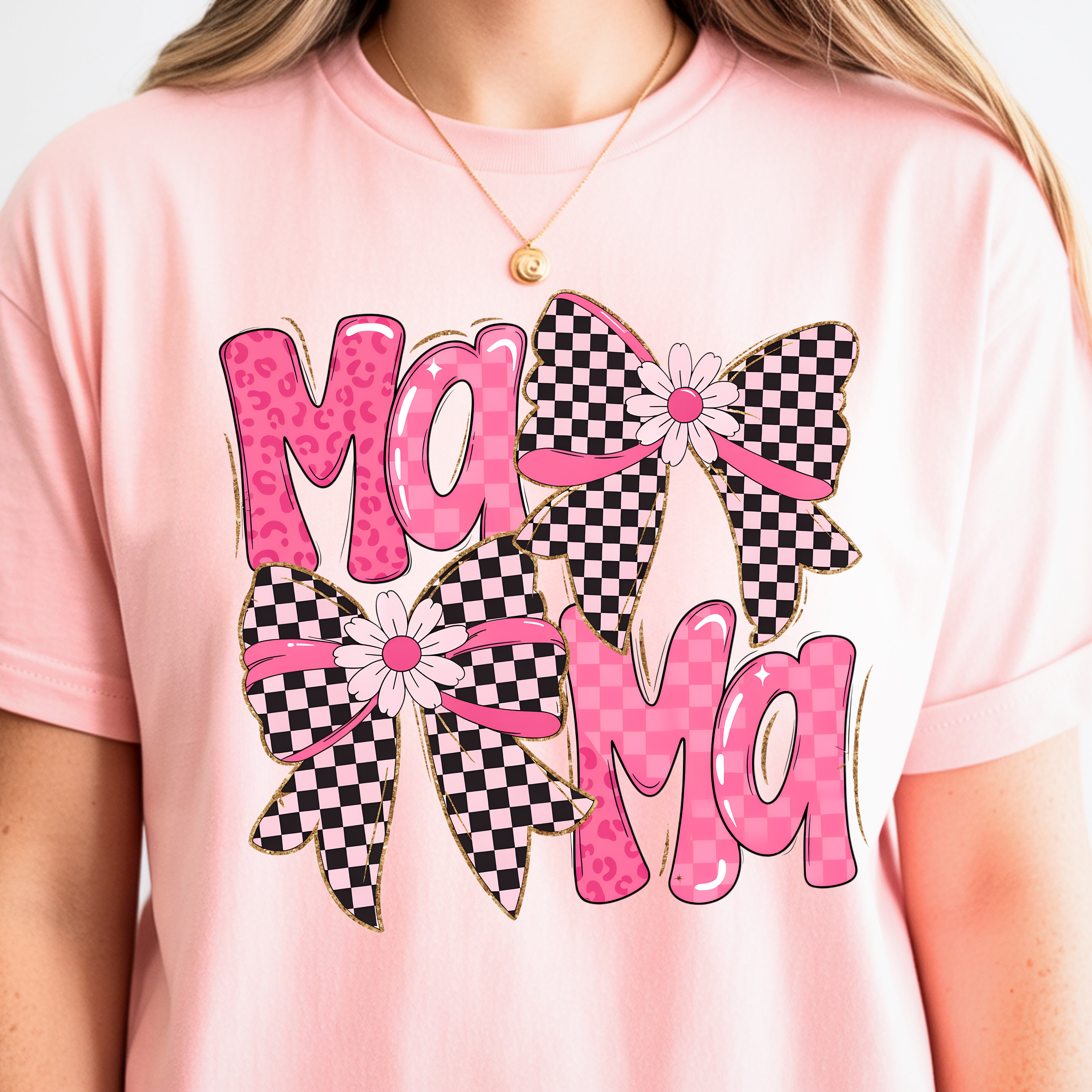 Blossom pink mama t-shirt with checkered bow design cute feminine aesthetic mom gift shirt
