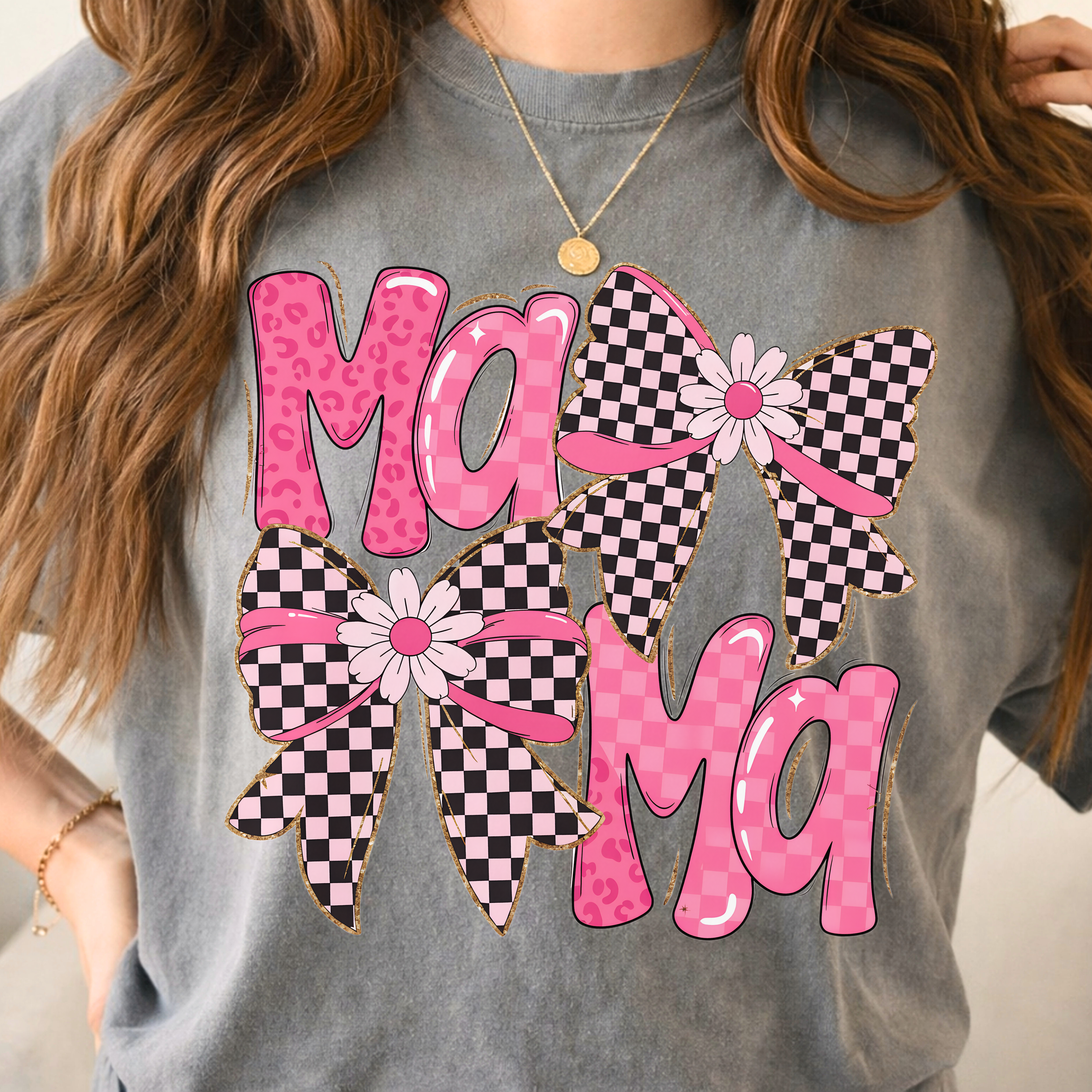 Grey mama t-shirt pink bow checkered design casual cozy mom outfit everyday wear