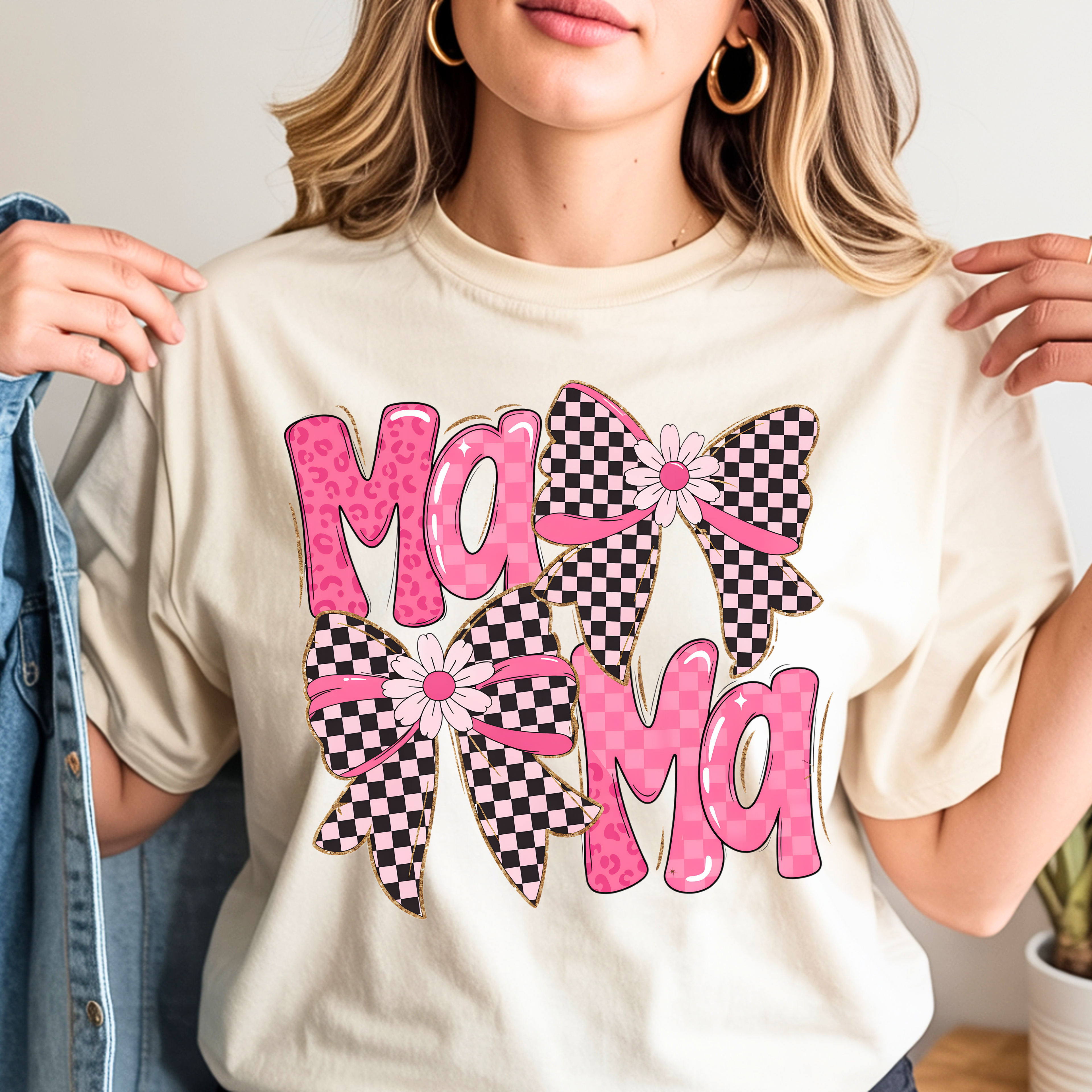 Ivory mama t-shirt with pink checkered bow neutral aesthetic cute mothers day gift