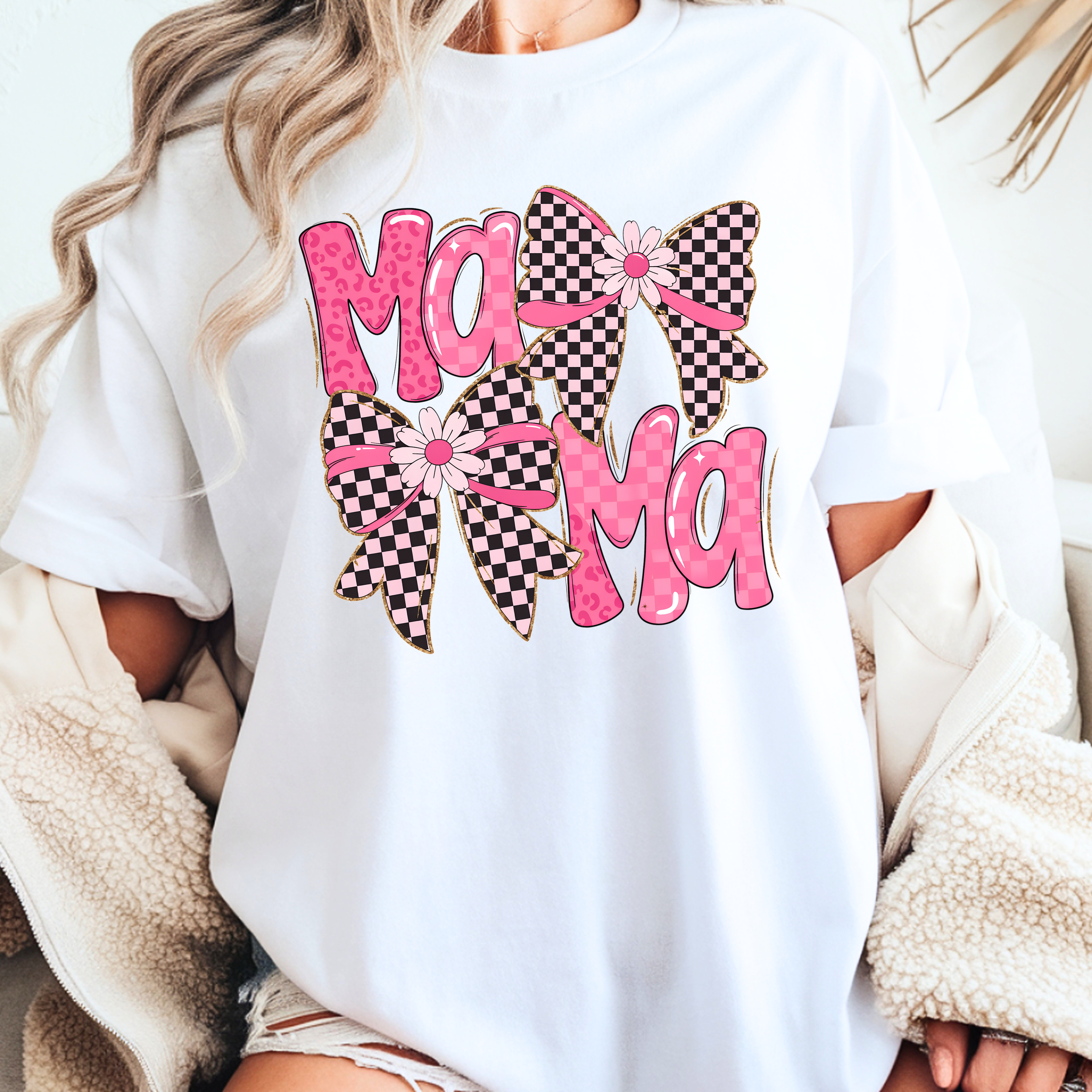 White pink bow mama t-shirt checkered bow design coquette aesthetic trendy mothers day gift for mom