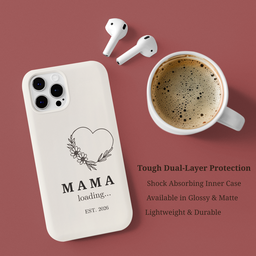 Mama Loading pregnancy announcement iPhone case styled flat lay, baby shower gift idea for first time mom