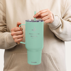 Woman holding mint green Promoted to Mama 40oz tumbler, cute pregnancy reveal gift idea for expecting mother