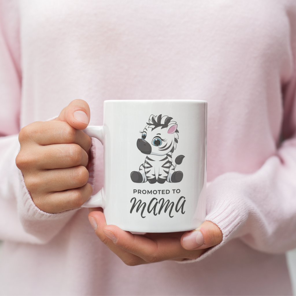 Promoted to Mama 11oz ceramic mug with cute zebra design, pregnancy announcement gift for expecting mom
