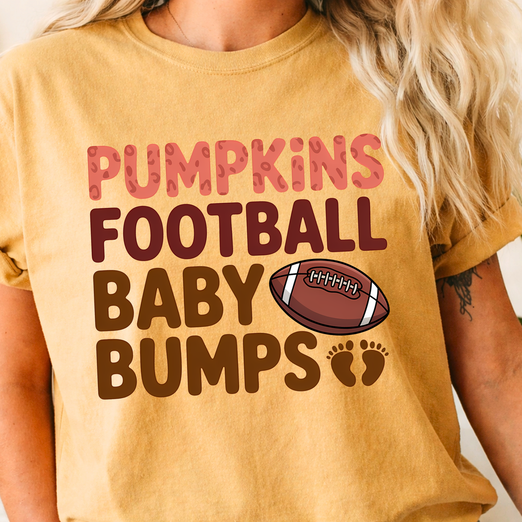 Pumpkins Football Baby Bumps fall maternity shirt in Mustard color